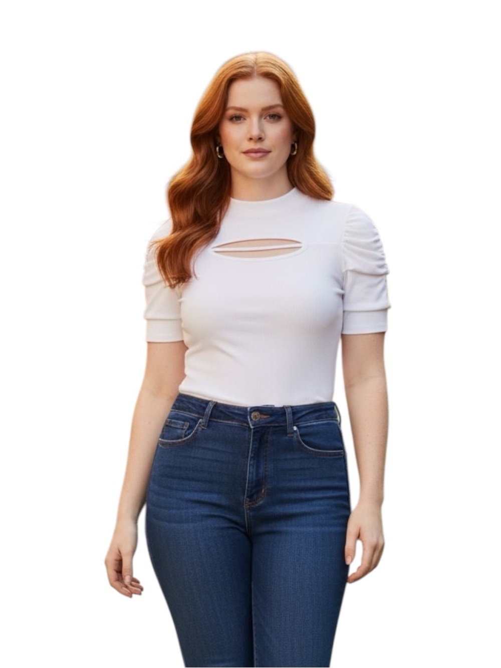 Love Plus Size 2X White Ribbed Short-Sleeve Top with Front Keyhole